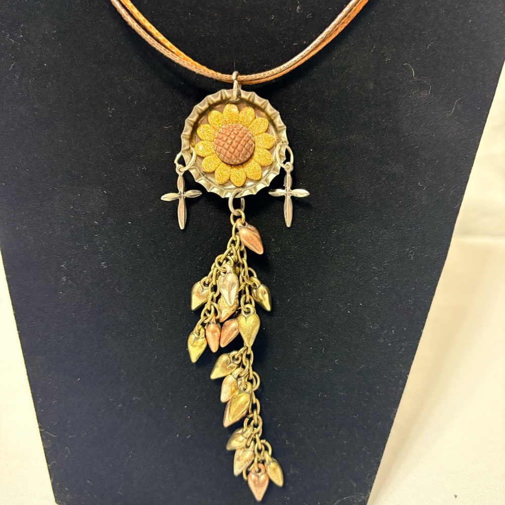 Handmade metal and leather sunflower necklace with multiple dangling charms - Picture 3 of 5